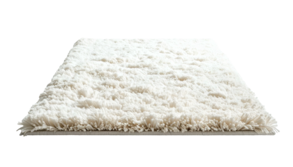 Angled view of a thick, rectangular, fluffy white rug on a solid black background