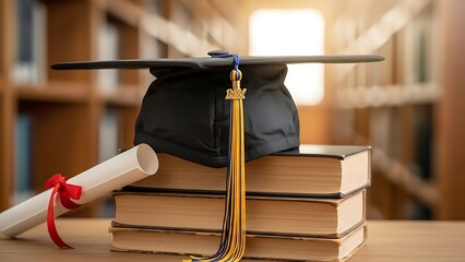 Academic achievement with graduation cap on stack of books