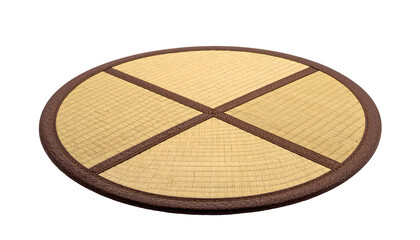 Circular straw mat with brown border and cross-shaped dark lines on a black background