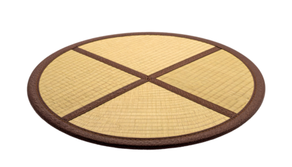Circular straw mat with brown border and cross-shaped dark lines on a black background