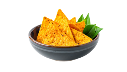 A bowl overflowing with golden, seasoned tortilla chips and vibrant green leaves