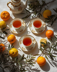 Sunlit tea setting with glass cups, fresh citrus fruit, and olive branches on bright background, conveying wellness, calm lifestyle, and elegant morning ritual
