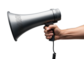 ultra-detailed, hyper-realistic macro shot of a mid-40s caucasian man's hand firmly gripping a matte grey industrial megaphone handle in a high-key studio setting with shallow dof. concept of