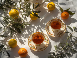Sunlit tea setting with glass cups, fresh citrus fruit, and olive branches on bright background, conveying wellness, calm lifestyle, and elegant morning ritual
