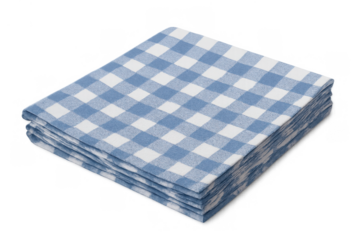 Stack of folded blue and white gingham napkins for kitchen, dining, or rustic outdoor picnic setting on transparent background