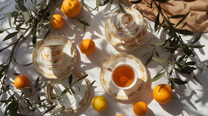 Sunlit tea setting with glass cups, fresh citrus fruit, and olive branches on bright background, conveying wellness, calm lifestyle, and elegant morning ritual

