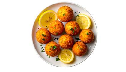 Overhead shot of golden-brown, round fried food, garnished with lemon slices, on a white plate