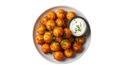 Golden, crispy fried balls sprinkled with chives, served with creamy white dipping sauce