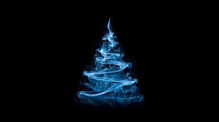 Abstract blue smoke forming a Christmas tree shape on dark background, creative holiday concept with mystical light, elegance, and modern seasonal design
