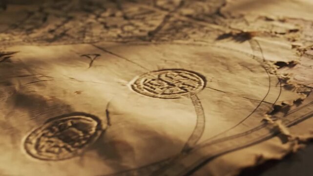 Vintage Map's Secrets Unveiled:  Intricate lines and symbols etched upon weathered parchment whisper tales of distant lands and hidden treasures, illuminated by the warm embrace of time.