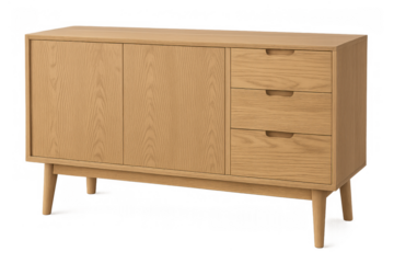 Wooden sideboard featuring a mid-century modern design, offering storage with cabinet doors and three integrated drawers