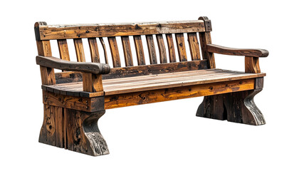Weathered wooden park bench with armrests and slatted back, isolated on black