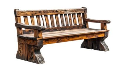 Weathered wooden park bench with armrests and slatted back, isolated on black