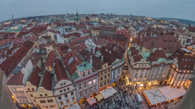Prague Czechia Czech Republic time lapse day to night high angle view Christmas market at old town square