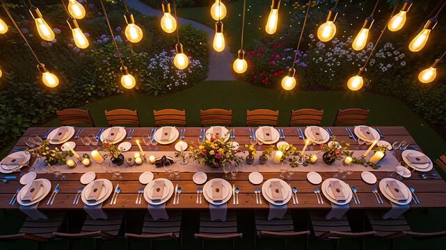 Elegant Outdoor Dinner Party Setup with String Lights and Table Settings.