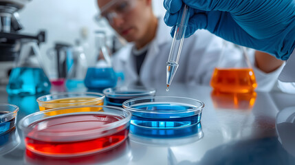 Scientific laboratory research with petri dish and pipette analyzing liquid samples for biotechnology chemistry and medical innovation