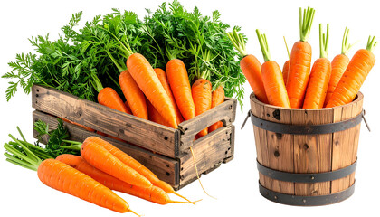 Fresh, vibrant carrots with leafy greens arranged in wooden crate and barrel