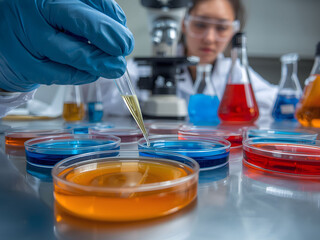 Scientific laboratory research with petri dish and pipette analyzing liquid samples for biotechnology chemistry and medical innovation