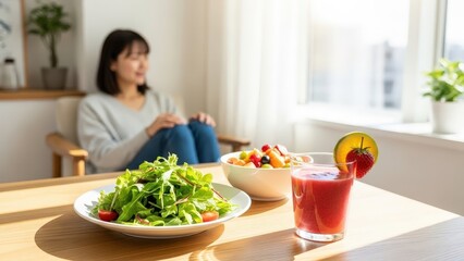 Woman Preparing a Smoothie for Breakfast in a Bright Sunlit Room