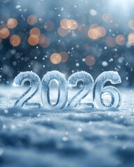 2026 New Year winter background with icy numbers snowfall bokeh lights and cold seasonal holiday celebration concept