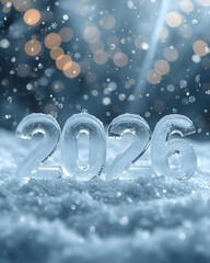 2026 New Year winter background with icy numbers snowfall bokeh lights and cold seasonal holiday celebration concept