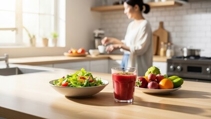 Woman Preparing a Smoothie for Breakfast in a Bright Sunlit Room