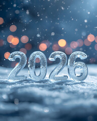 2026 New Year winter background with icy numbers snowfall bokeh lights and cold seasonal holiday celebration concept