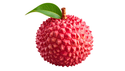 Single, ripe lychee fruit, textured red skin, green leaf, and stem against a black backdrop
