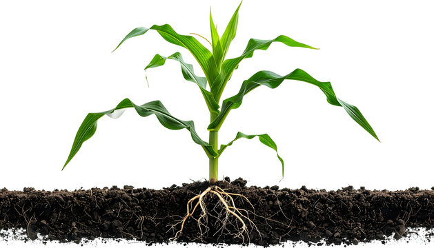A young corn plant emerges from soil with roots visible, against a black background