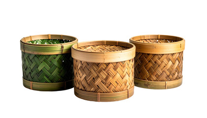 Three woven cylindrical containers. One green, two tan, with bamboo detailing. Black background