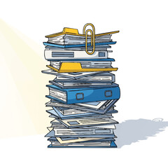 A Tall Stack of Papers and Folders Held Together by a Paperclip on a Light Background, Illustrating Organization and Workload