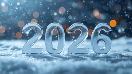 2026 New Year winter background with icy numbers snowfall bokeh lights and cold seasonal holiday celebration concept