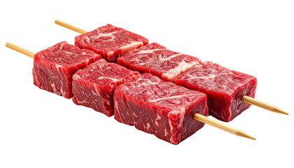 Raw beef cubes skewered on wooden sticks, arranged in a close-up, isolated on black