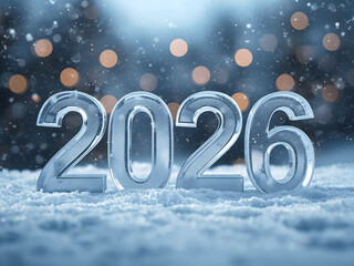 2026 New Year winter background with icy numbers snowfall bokeh lights and cold seasonal holiday celebration concept