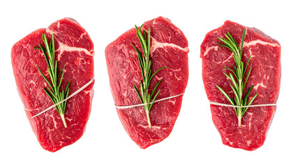 Three raw beef tenderloin cuts tied with twine and garnished with rosemary