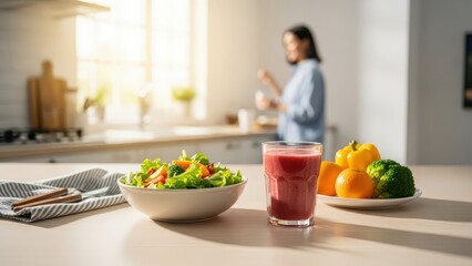 Woman Preparing a Smoothie for Breakfast in a Bright Sunlit Room