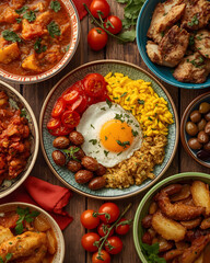 Traditional Mediterranean breakfast and meze platter with eggs potatoes olives and assorted dishes served on rustic table