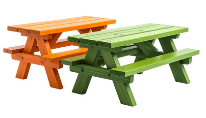 Two child-sized picnic tables, one orange, one green, with wooden construction