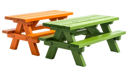 Two child-sized picnic tables, one orange, one green, with wooden construction