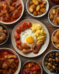 Traditional Mediterranean breakfast and meze platter with eggs potatoes olives and assorted dishes served on rustic table