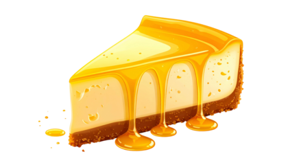 Slice of cheesecake on a black background, with golden glaze cascading down the side