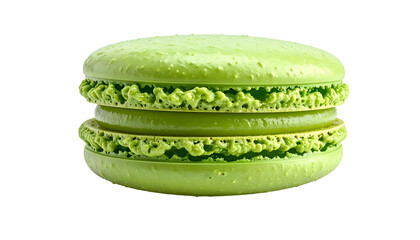 A single, vibrant green, French meringue sandwich cookie, isolated on a black backdrop
