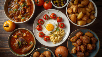 Traditional Mediterranean breakfast and meze platter with eggs potatoes olives and assorted dishes served on rustic table