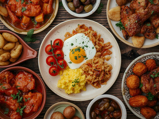 Traditional Mediterranean breakfast and meze platter with eggs potatoes olives and assorted dishes served on rustic table