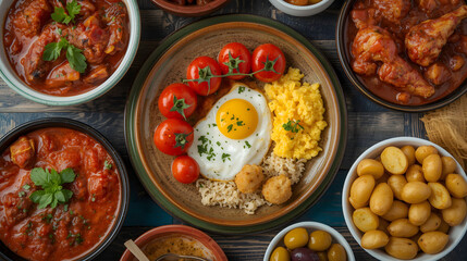 Traditional Mediterranean breakfast and meze platter with eggs potatoes olives and assorted dishes served on rustic table