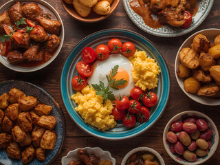 Traditional Mediterranean breakfast and meze platter with eggs potatoes olives and assorted dishes served on rustic table