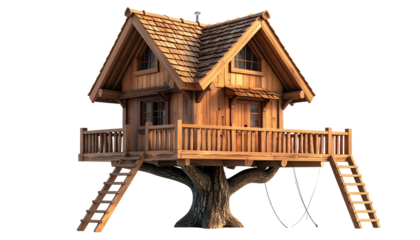 A whimsical wooden treehouse with stairs, railing, and a swing, set against transparency