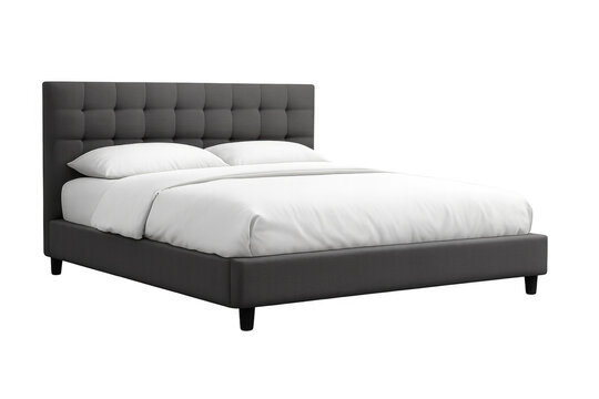 Modern king size bed with tufted headboard, upholstered gray frame, and white bedding on transparent background