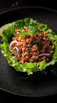 W&uuml;rziger Thai-Hackfleischsalat auf Salatblatt &ndash; Traditionelle thail&auml;ndische K&uuml;che