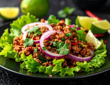 W&uuml;rziger Thai-Hackfleischsalat auf Salatblatt &ndash; Traditionelle thail&auml;ndische K&uuml;che
